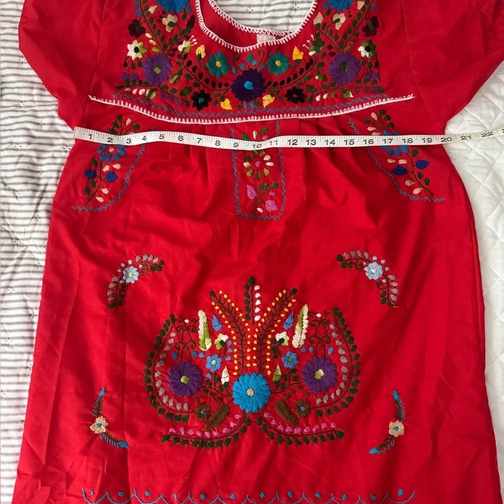 Red‎ Embroidered Boho Mini Dress Size M Festival Vacation Cottagecore
